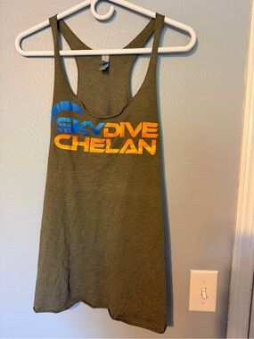 Next Level Apparel Olive Green Racerback Tank with Blue and Orange Logo